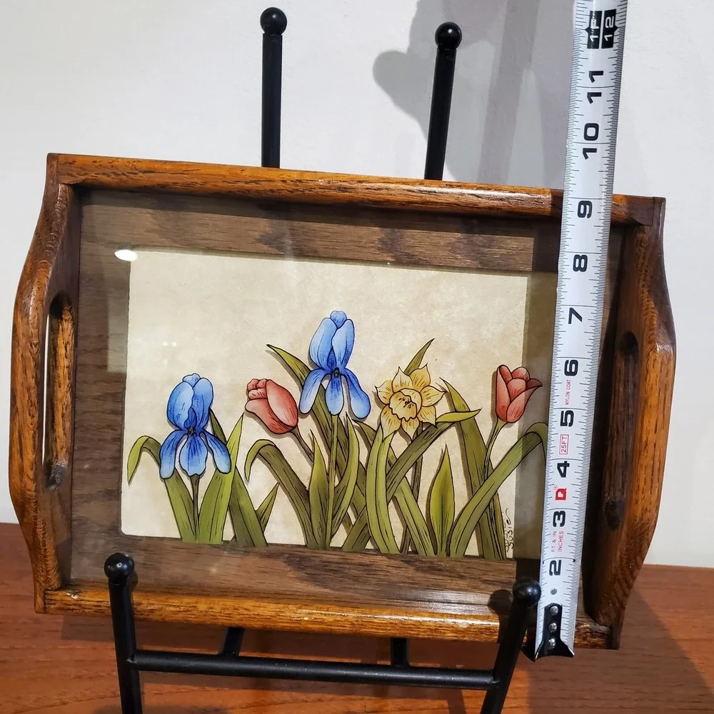 Reverse-Painted glass floral‎ wooden tray by Susie Kostka